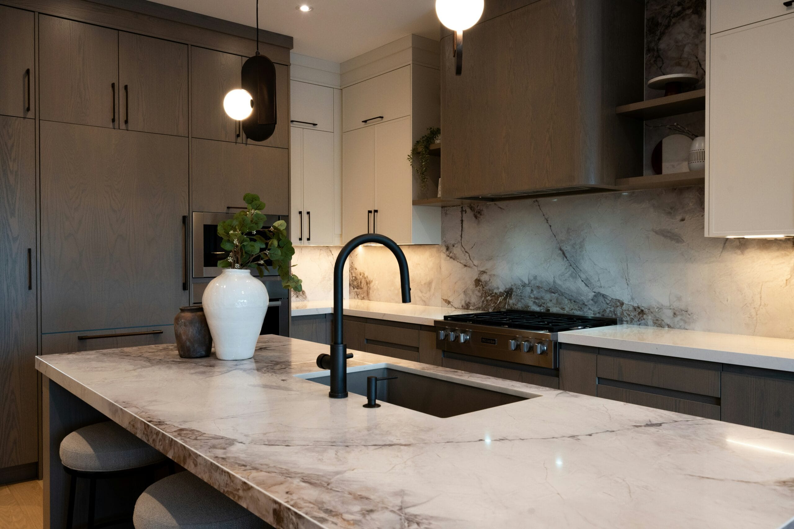 Large stone slab kitchen island installed in a Portland Oregon home