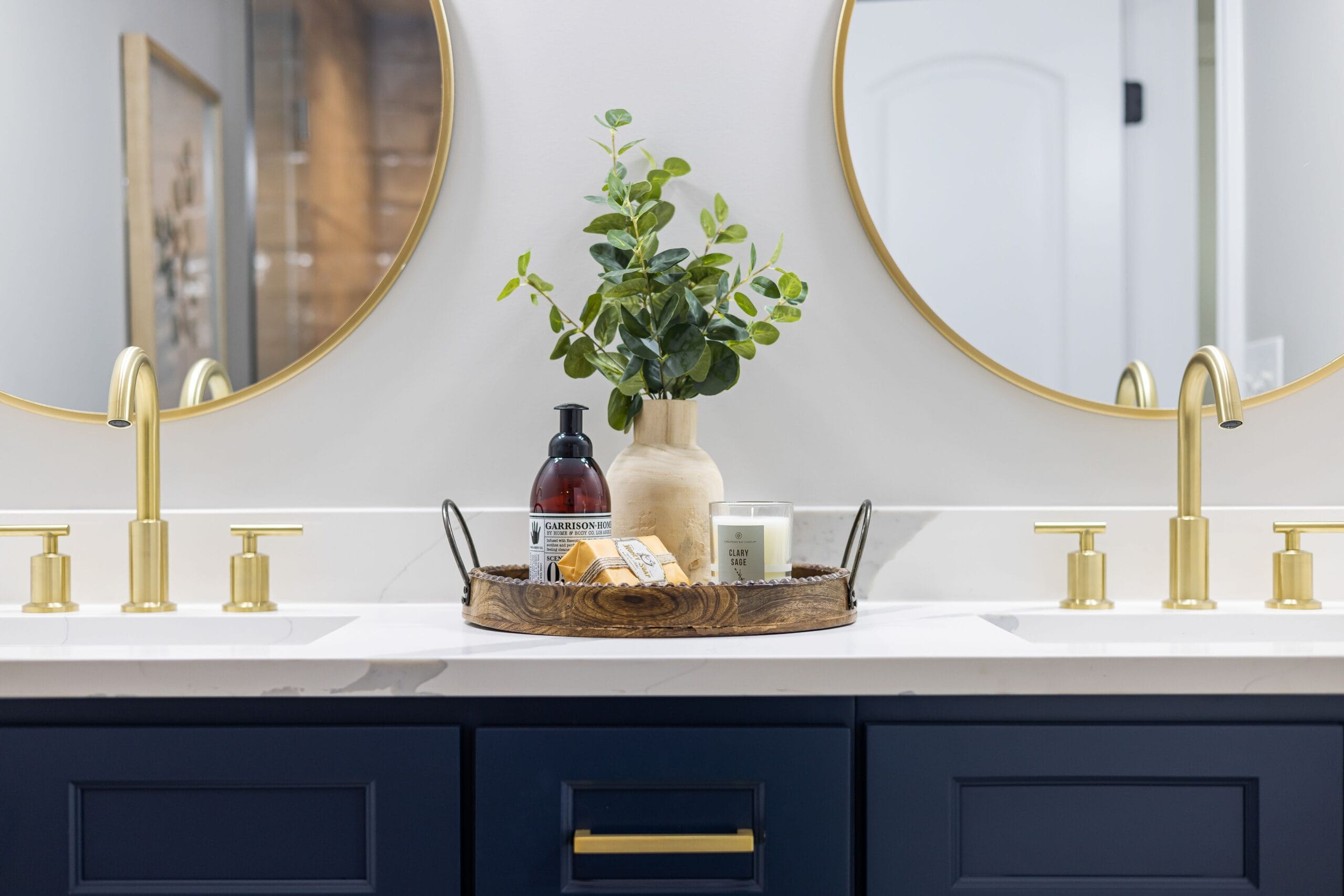 Modern bathroom vanity with stone countertop in a Portland Oregon home